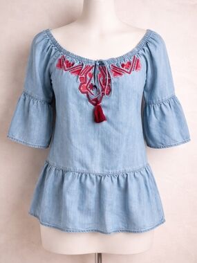 Blue Rain Boho Western Off Shoulder Top Small Embroidered Peasant Festival